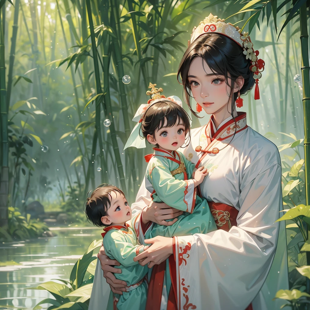 A -yead bab an white ancient Chinese baby costume wiis beautiful mother, dressed in an ancient Chinese costume, playing with each other, with his handsome father standing next to his mother, close up.
Behind is a lush green bamboo forest. The air after rain has water droplets splashing around.