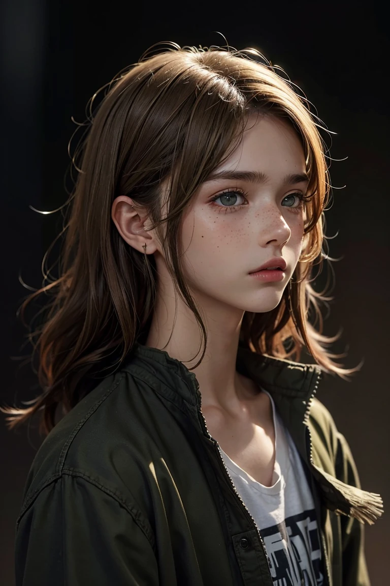Male, Teen boy, tall, baggy fashion, blond-brown hair, shoulder lenght hair, olive green eyes, tan skin, freckles, soft features, face profile only, male, not female, male, man, not women