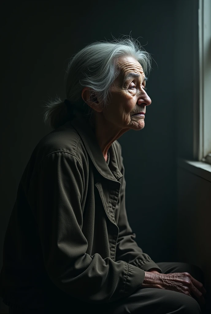 Draw a sad old woman with her back bent at 80 degrees, looking to the right on a dark background.