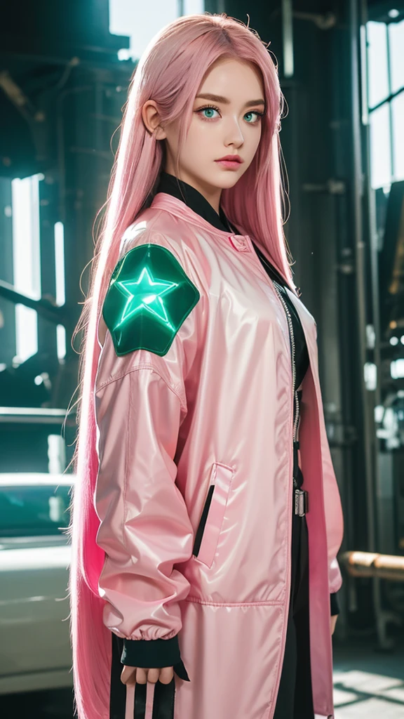 ((Masterpiece))) Full Body, Full Body Shot (One Girl) ((Pink Hair, Long Hair, Straight Hair, Both Sides Up))), ((Green Eyes))), Eyeshadow, Eyeliner, Glow Eye, Hyper Detail Eye, Complex Eyes, Beautiful Eyes, Detailed Eyes, (((Star-shaped pupils, glowing pink pupils))) 1 girls. (wearing a transparent jacket made of PVC material)) huge cool weapon machine in hand, huge cool weapon machine, mech, mechanism, machine, open stance, coalescing