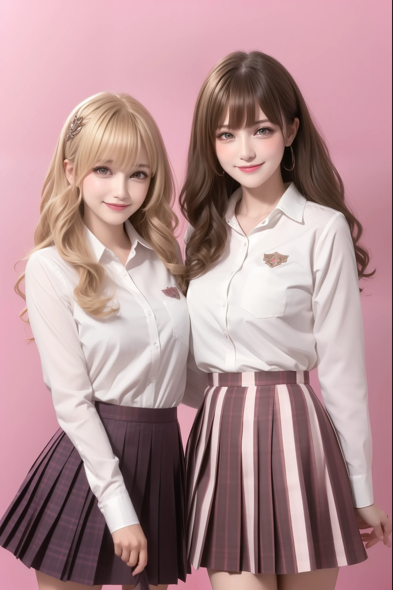 ((from front)),high resolution,smile,happy,light smile,2 women,adult,
自撮りで2 women,
((two girl females)), ((jaw piece)), Clear,cute,
blunt bangs,ash blonde hair, wavy hair, long hair ,BREAK,
Light brown eyes,BREAK, 
high school girl,uniform,
White shirt,Pink checkered pleated skirt,BREAK,
((Pink background)),