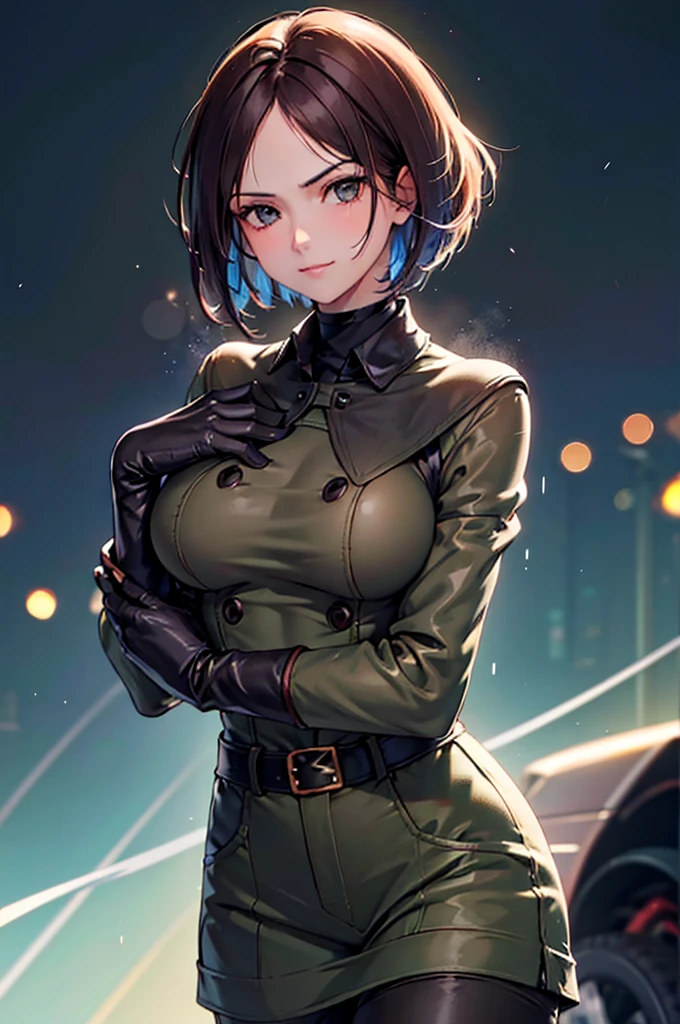 (at night), in a video game scene in the background, a beautiful city at night, raining, alone, standing looking straight ahead, military clothing with military green skirt and pants, black gloves, semi-short hair, ((semi-short hair)), 1 girl, 30 years old, young woman, perfect hands, Beautiful fingers, Beautiful long legs, Beautiful body, Beautiful nose, Beautiful character design, perfect face, looking straight at the viewer with a serious gesture, very upset looking at the viewer, she has a black whip in her hand (focusing on her face), closed mouth, smile_light, official art, extremely detailed CG unity 8k wallpaper, perfect lighting, bright and colorful front lighting, skin glossy (masterpiece: 1.0), (best_quality: 1.0), ultra high resolution, 4k, ultra detailed photography, 8K, hdr, high resolution, nonsense:1.2, Kodak portrait 400, film grain, blurred background, bokeh:1.2 , Lens flare, (vibrant_color:1.2), professional photography, (Beautiful, breasts: 1.4), (Beautiful_face: 1.5), (narrow waist),
