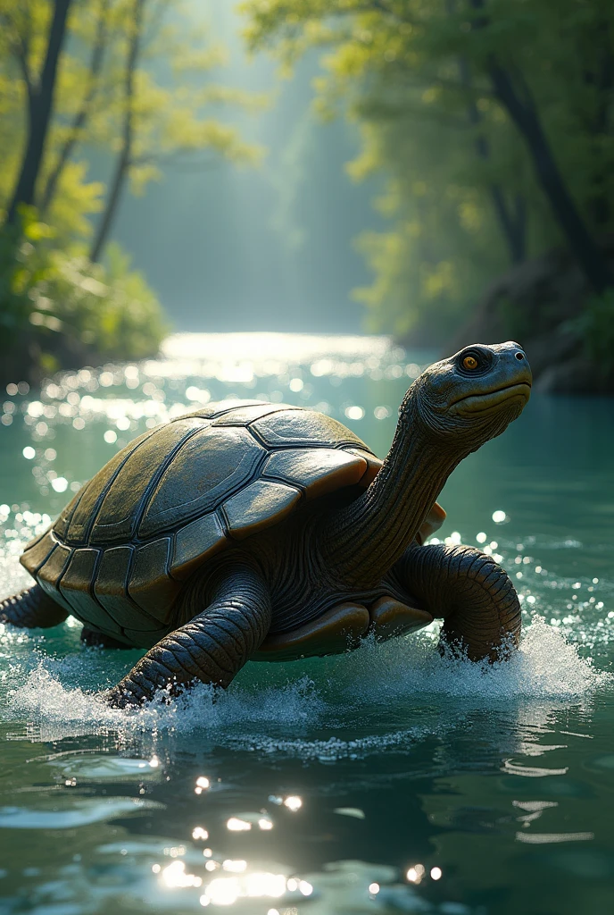 A big turtle in a big , wide sparking stream