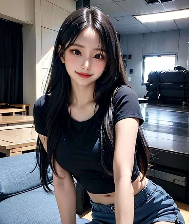 Masterpiece, high detailed, realistic, ultra realistic, ((hyper realistic)), woman with long hair, black hair color, ((blue t shirt / blue short pant)), smile, 16k,