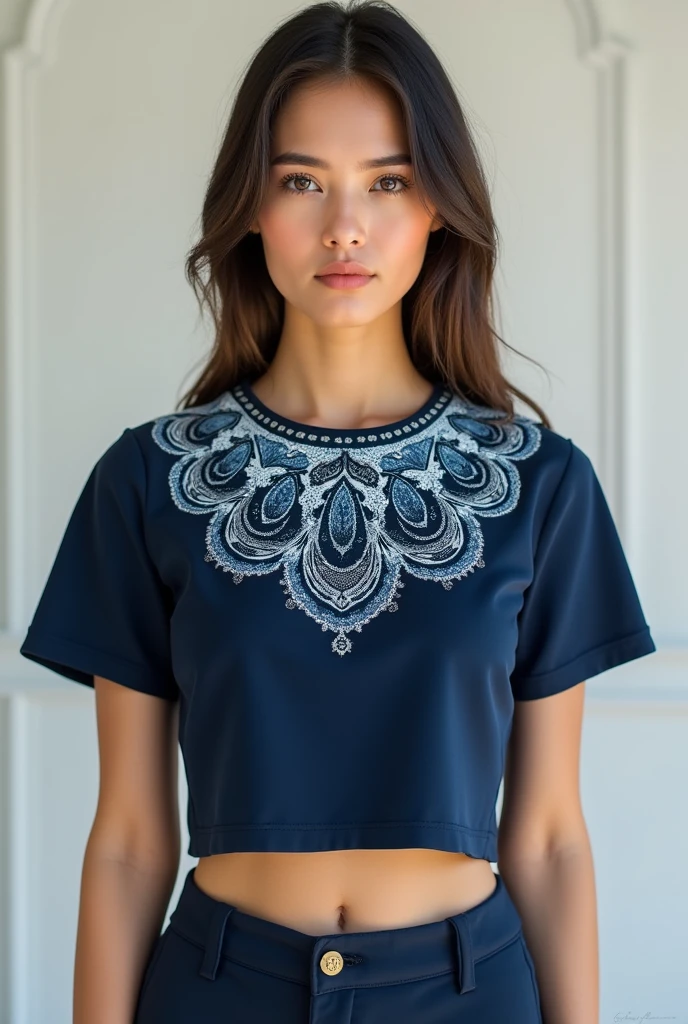 Create an image of a plain navy blue women's crop top with short sleeves and a batik pattern on the collar, set against a framed background. Focus solely on the crop top without any person wearing it