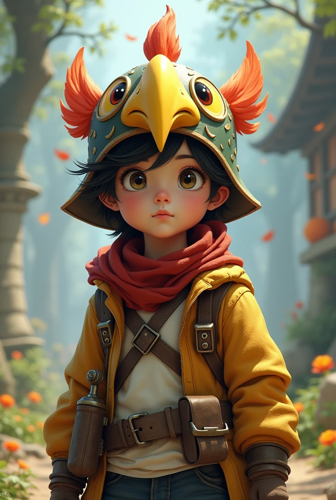 Tiongman , a boy . Teenage short body. Ewar helmet like bird. Yellow horn bird.