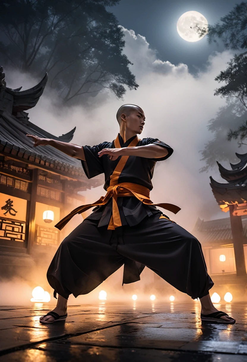 Professional photography of a Shaolin monk practicing Shaolin Budha palm martial arts on the temple grounds, looks very intense, the night atmosphere is lit by moonlight, fog covers the floor.