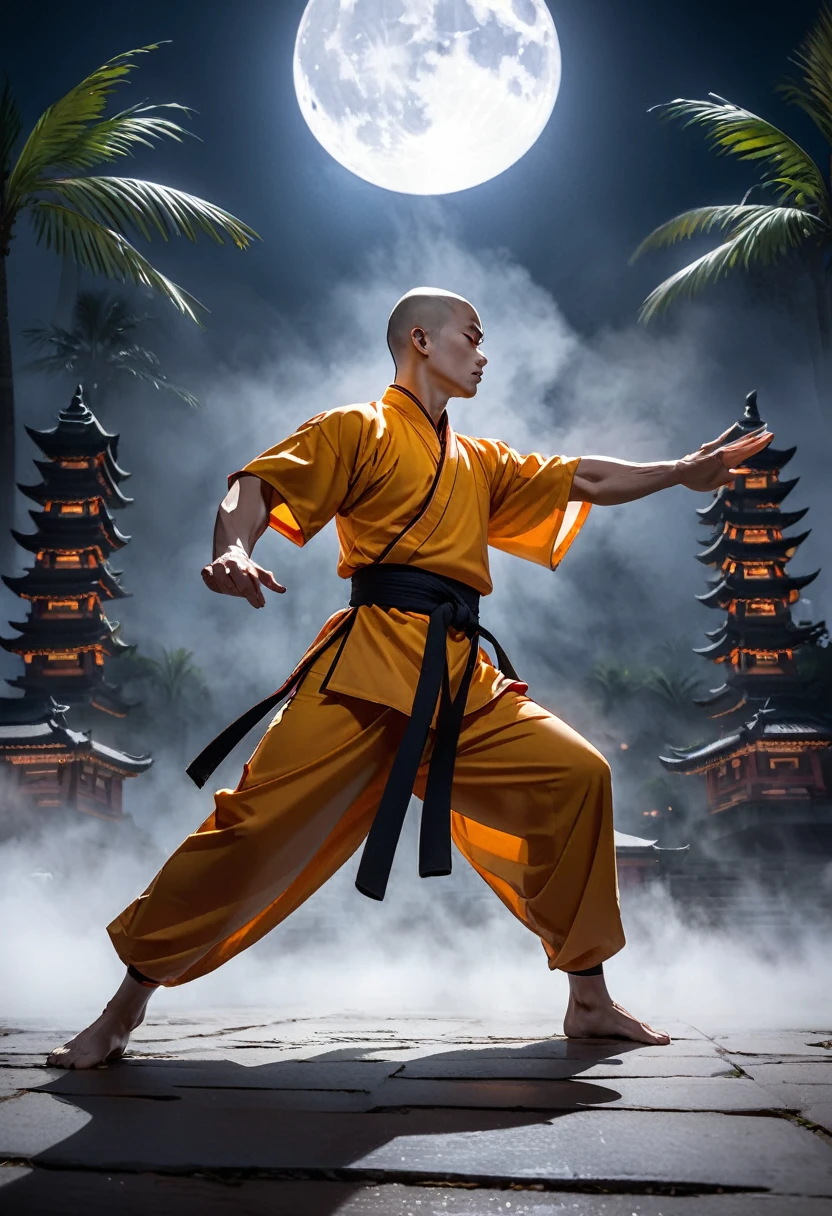 Professional photography of a Shaolin monk practicing Shaolin Budha palm martial arts on the temple grounds, looks very intense, the night atmosphere is lit by moonlight, fog covers the floor.
