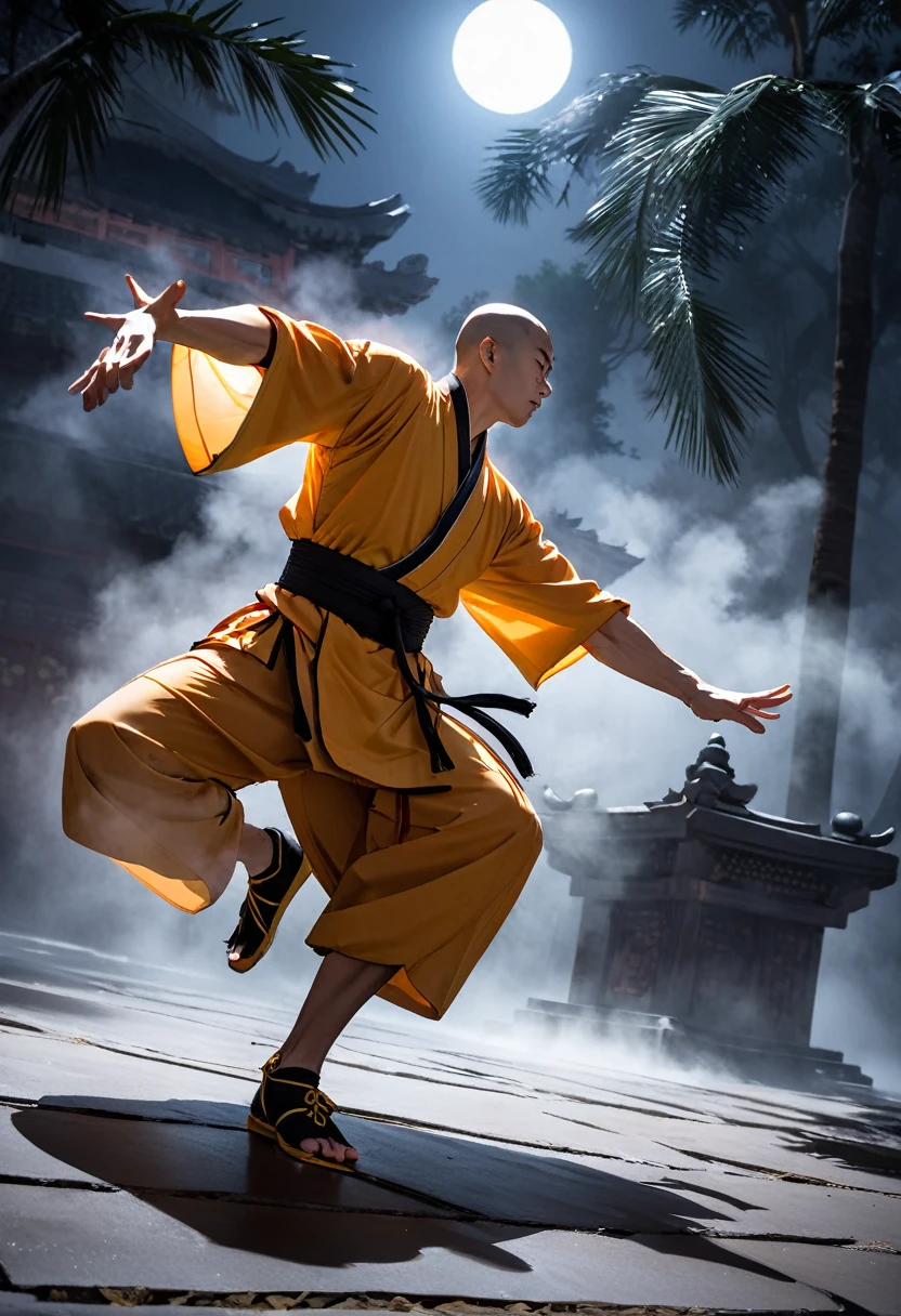 Professional photography of a Shaolin monk practicing Shaolin Budha palm martial arts on the temple grounds, looks very intense, the night atmosphere is lit by moonlight, fog covers the floor.