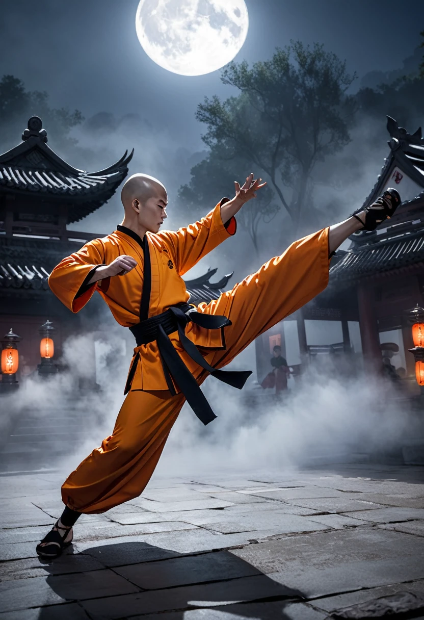 Professional photography of a Shaolin monk practicing Shaolin Budha palm martial arts on the temple grounds, looks very intense, the night atmosphere is lit by moonlight, fog covers the floor.