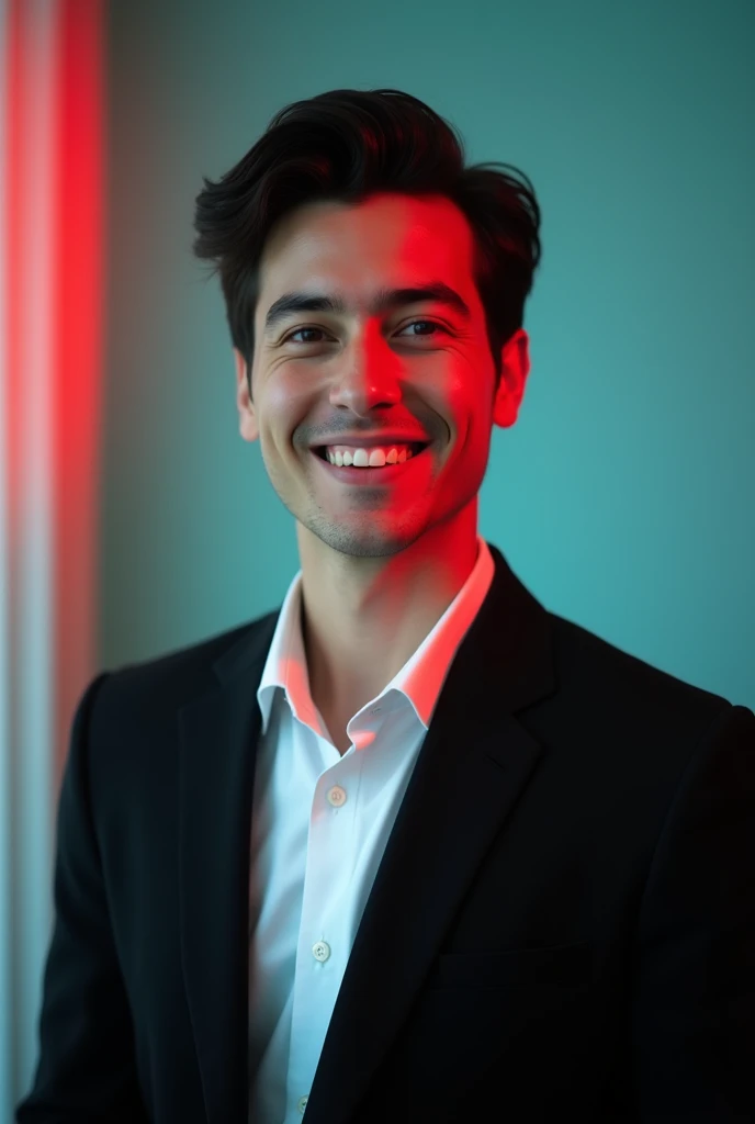 A young man with dark hair and a confident smile. He is dressed in a black blazer over a white shirt. The man is positioned against aqua colour backdrop with a subtle red lighting on the left side. and he posing for Linkedin profile