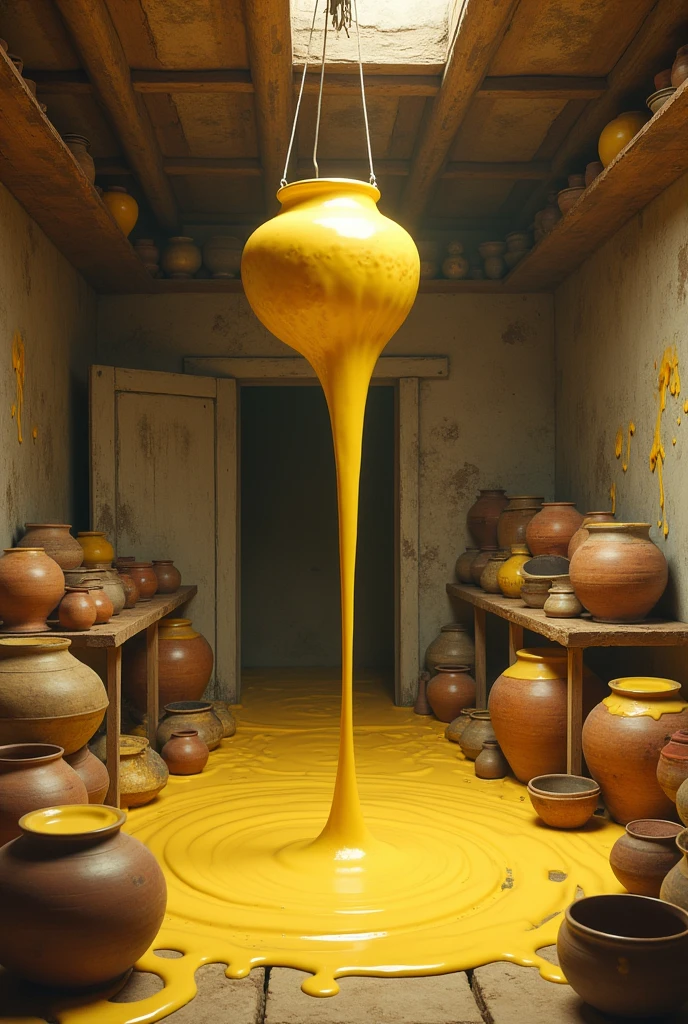 Make a scene which is inside a house. A pot of butter is hanging from the ceiling. The floor is made of mud. The whole room is filled with butter and pots.