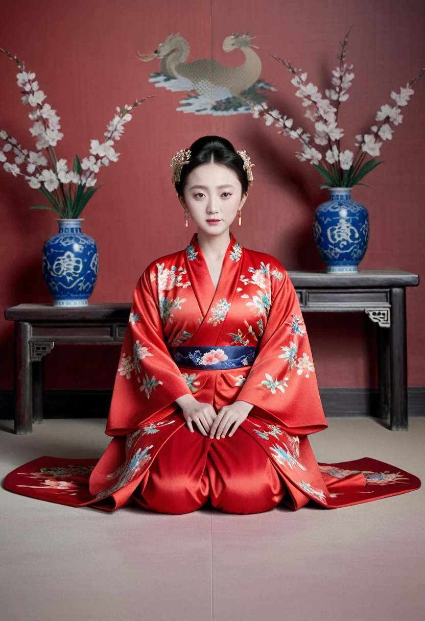 Empress of the Qing Dynasty, A nude woman wearing a red floral Hanfu jacket, Squat down with your legs wide apart, Front view, Inside the Qing Dynasty Palace