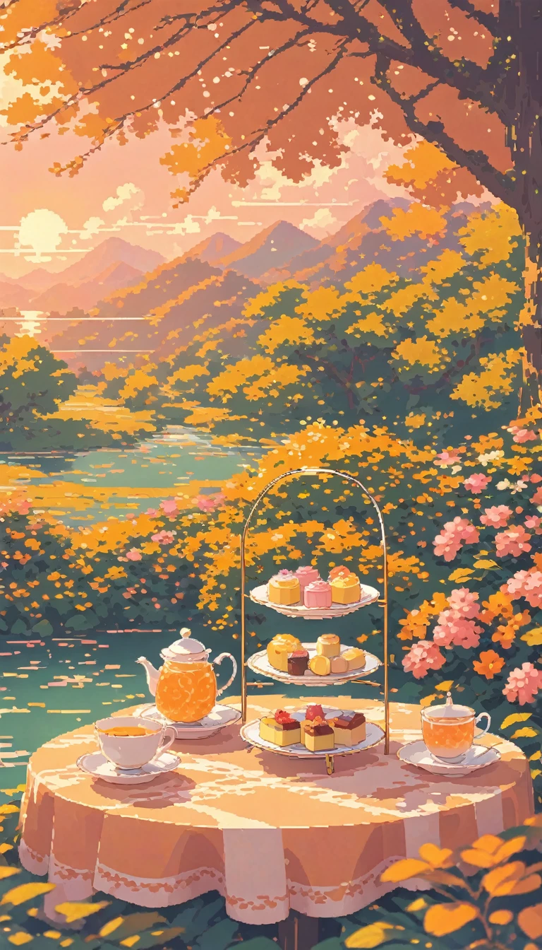 landscape lofi pixel, No people ,Cozy,Orange Pink,Afternoon Tea