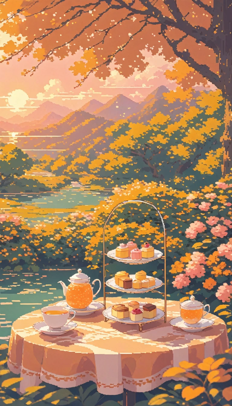 landscape lofi pixel, No people ,Cozy,Orange Pink,Afternoon Tea