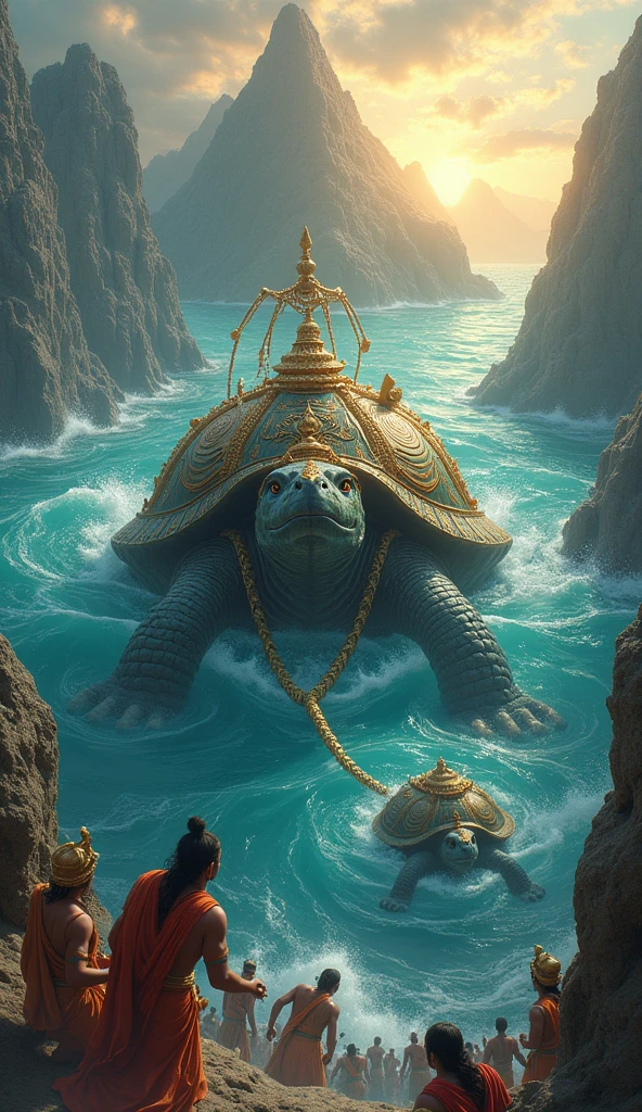 Kurma Avatar: Lord Vishnu in his Kurma (tortoise) form, submerged halfway in the ocean, with Mount Mandara resting on his back. Around him, gods (devas) and demons (asuras) are churning the ocean with the serpent Vasuki wrapped around the mountain. The scene is vibrant, with gods on one side, demons on the other, and the ocean filled with treasures.