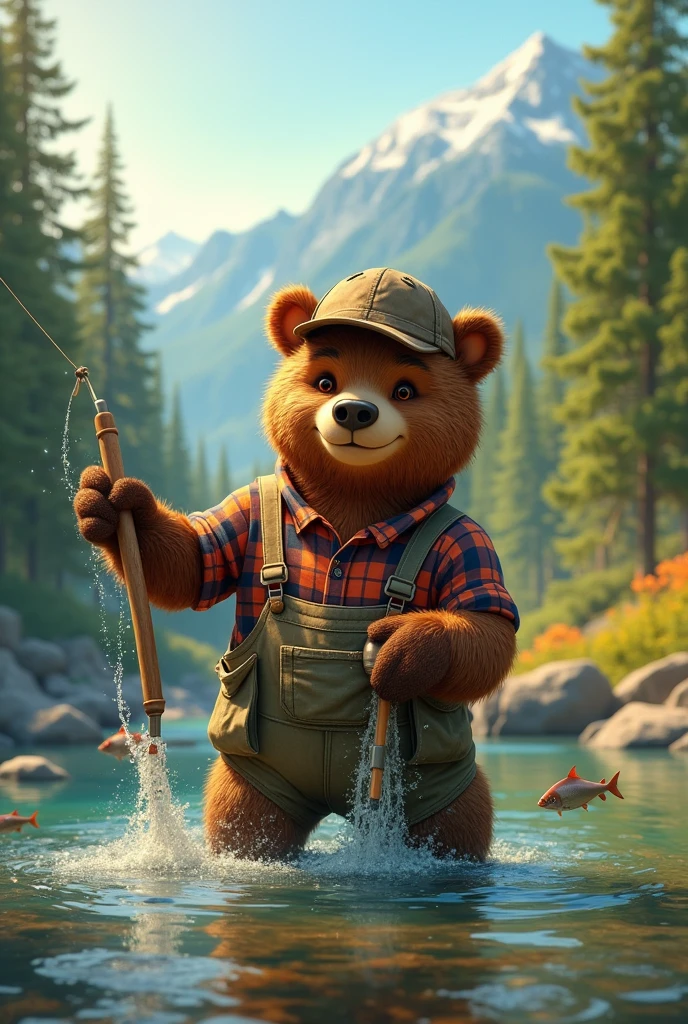 an anime image of a brown bear wearing fisherman outfit, fishing salmons using a net, make it in disney-pixar style, use comprehend color palette according to viewer imagination.