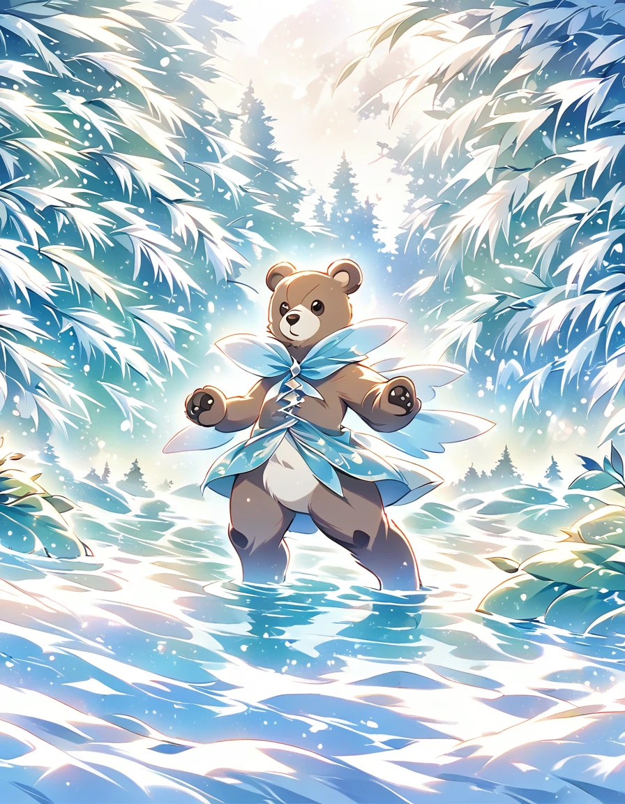 A brown bear stands on the bank of a forest river，Striking a threatening pose,Snow Fairy Tale