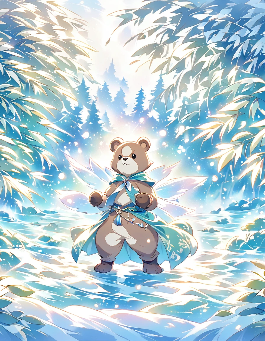 A brown bear stands on the bank of a forest river，Striking a threatening pose,Snow Fairy Tale