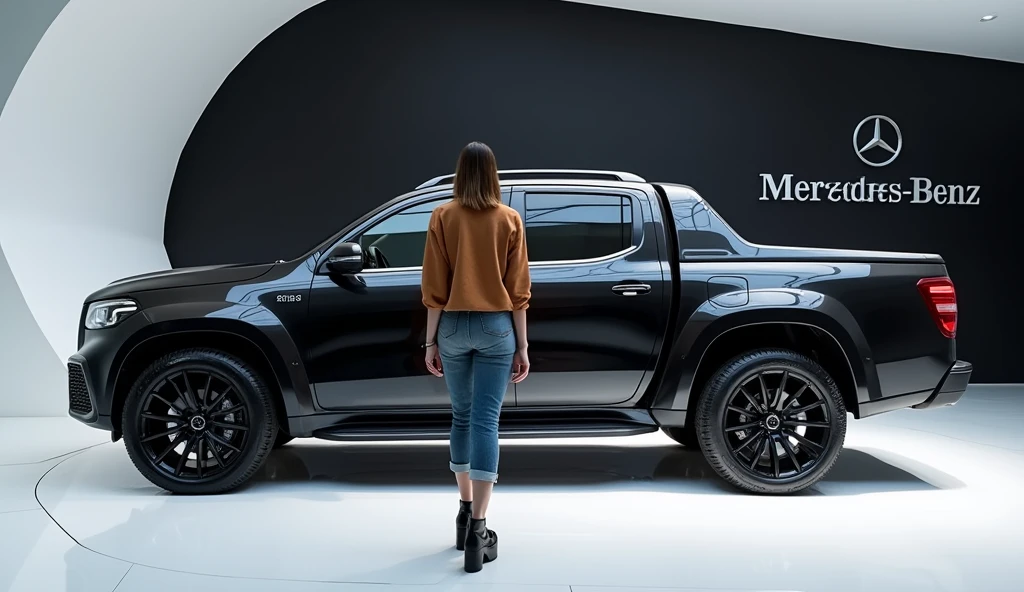 A stunning, futuristic pickup truck(Benz x class pickup truck 2025 ) takes center stage in a luxury white showroom. The vibrant (black) exterior gleams, drawing attention to its sleek, aerodynamic design and bold accents. The pick up truck( Mercedes Benz S-Class pickup truck 2025) " is prominently displayed in large, metallic letters on the pick up truck, set against a dark wall. The ( interior view) view showcases the cutting-edge innovation and technology of its time, inviting potential buyers to experience the future of automotive design and performance. This awe-inspiring image promises an unparalleled driving experience. A beautiful girl it front bullet