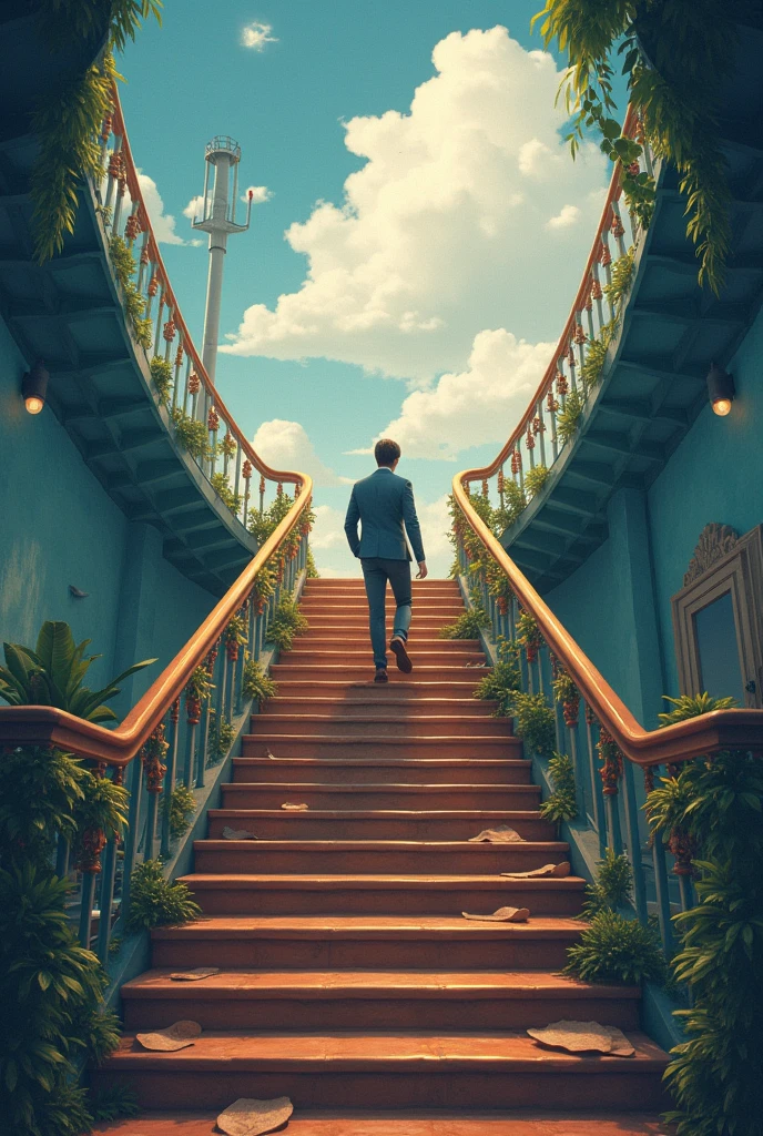 a staircase to dream work as a receptionist afterwards work to a cruise ship and at the top of the stairs a manager