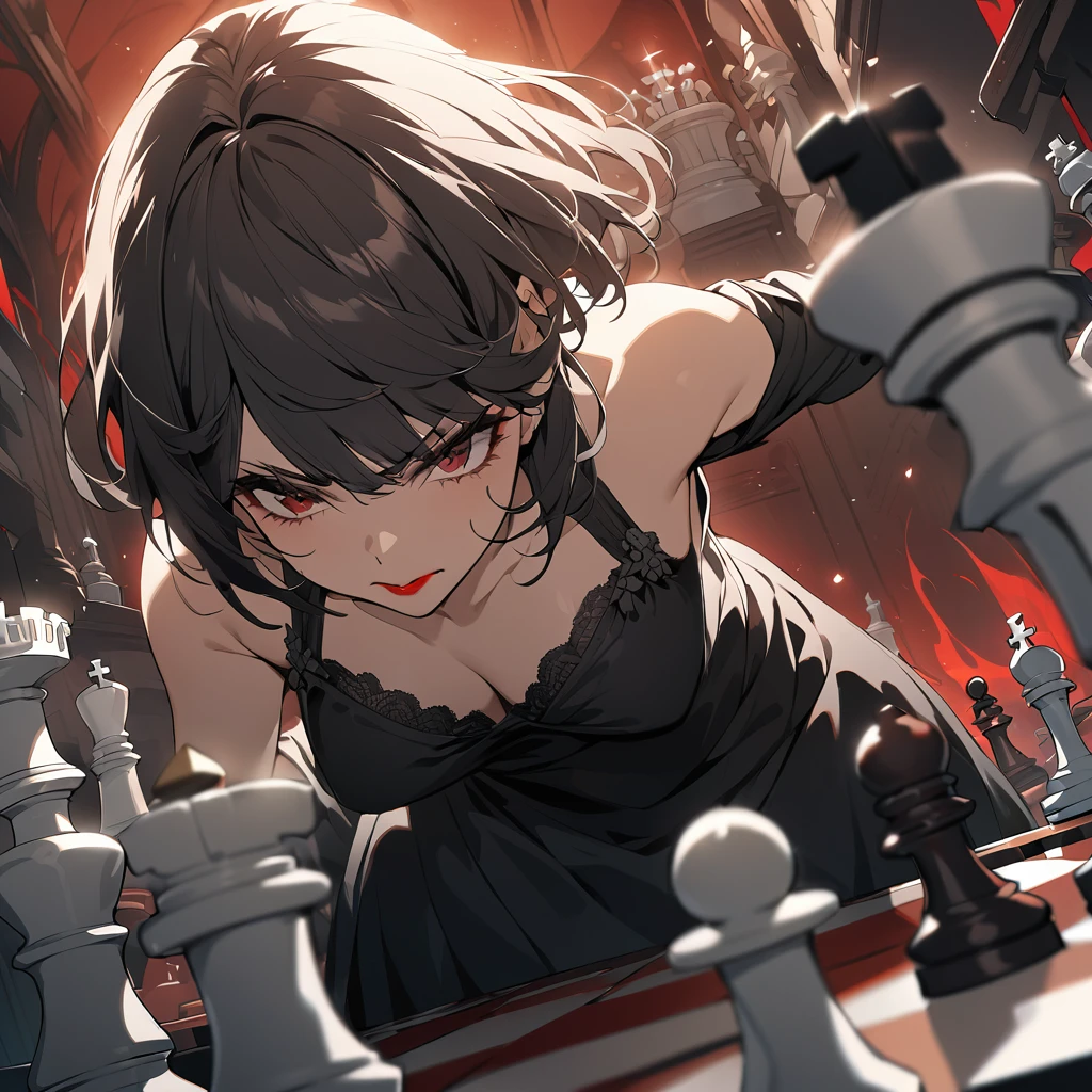 A highly detailed, high-quality anime-style illustration featuring a beautiful short-haired girl wearing a black summer dress. She has striking red lipstick and is leaning forward intensely, glaring at the chessboard in front of her. Her large chest, soft and pressing against the chessboard, has caused some of the chess pieces to topple over. The scene captures the tension and focus of the moment, with the girl’s determined expression dominating the atmosphere.
