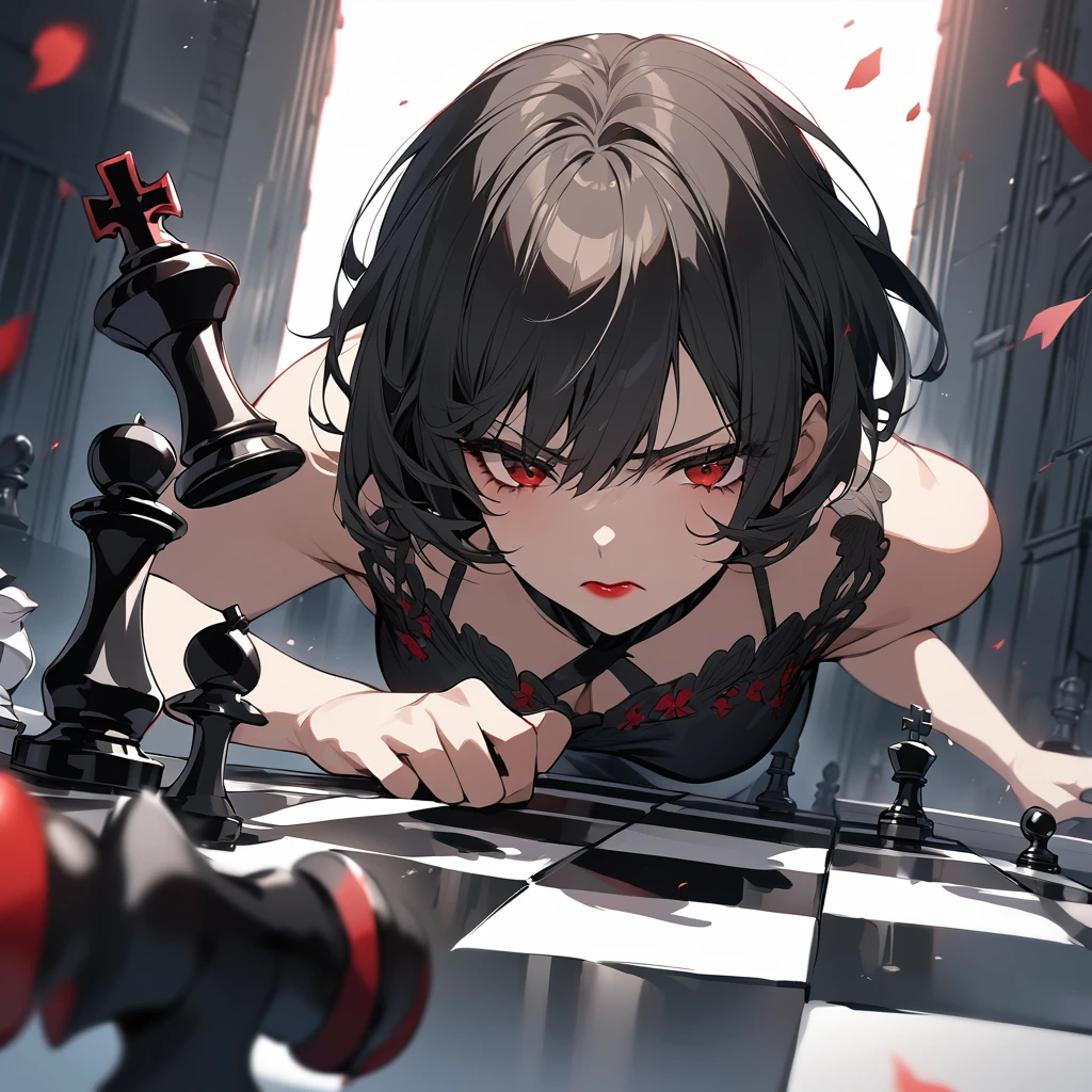 A highly detailed, high-quality anime-style illustration featuring a beautiful short-haired girl wearing a black summer dress. She has striking red lipstick and is leaning forward intensely, glaring at the chessboard in front of her. Her large chest, soft and pressing against the chessboard, has caused some of the chess pieces to topple over. The scene captures the tension and focus of the moment, with the girl’s determined expression dominating the atmosphere.