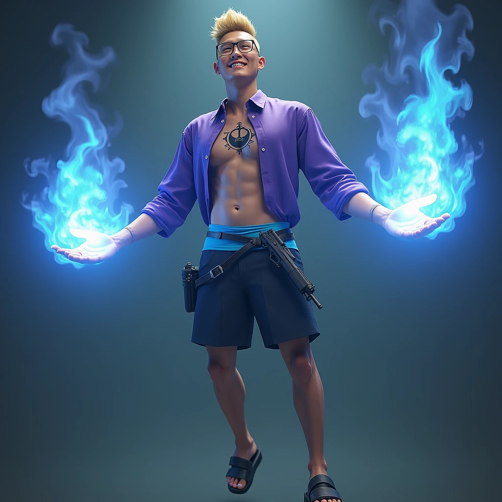 high resolution、8k、Detailed depiction、Real、Realistic、Realistic、Korean Man、(((Skinny)))、tall、Long legs、middle aged、Blonde、Narrow eyes、Fearless smile、Intellectual、Bald on both sides、Hair that stands up on top of the head、open brests、((A tattoo of a cross and a waning crescent moon overlapping in the center of his chest))、Purple Shirt、Light blue waistband、Black shorts、Sandals、gun belt、Both hands are engulfed in blue flames、Floating in the air、((Thin rectangular glasses))、Single eyelid