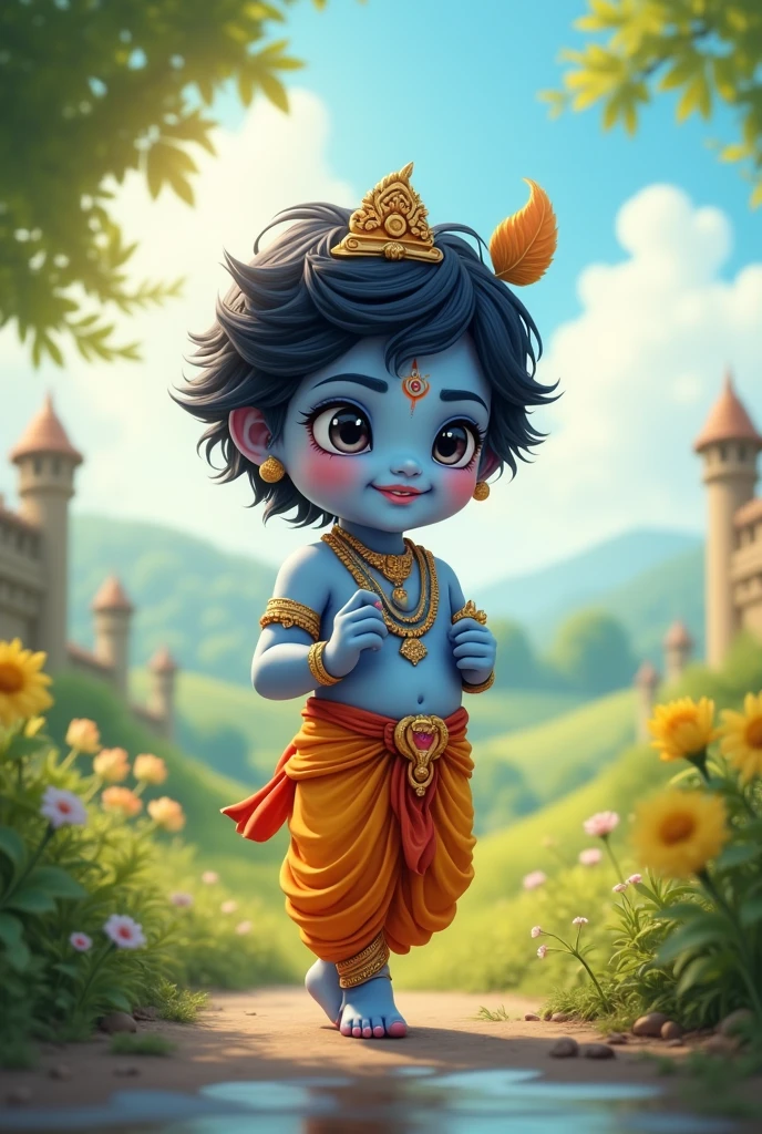 A indian god cute little Krishna, skin blue