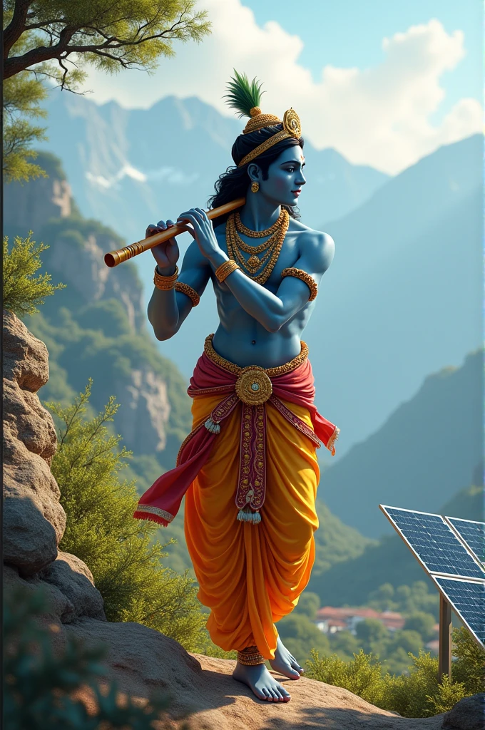 Lord Krishna playing Bansuri in background of nature, mountain with solar panel