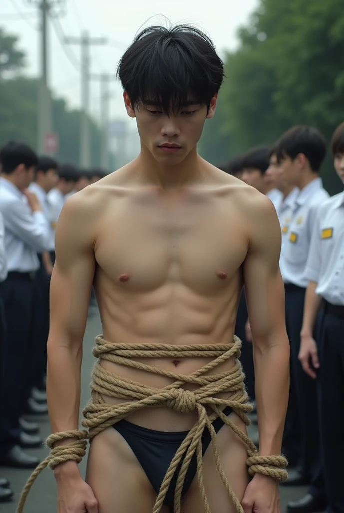 1boy、Handsome Men、Japanese male, 、Completely naked、Full nudity、erection、Huge penis、Highest quality、Realistic、beautiful、Sad look、 ((((Both arms were tied up with rope)))), ((((A very tight rope is crisscrossed over the chest)))),(((Body bound with tight rope)))、whole body、Surrounded by men and women in uniform、In front of the school gate、erection、完全Completely naked、On all fours、Prostration、Both arms are tied up