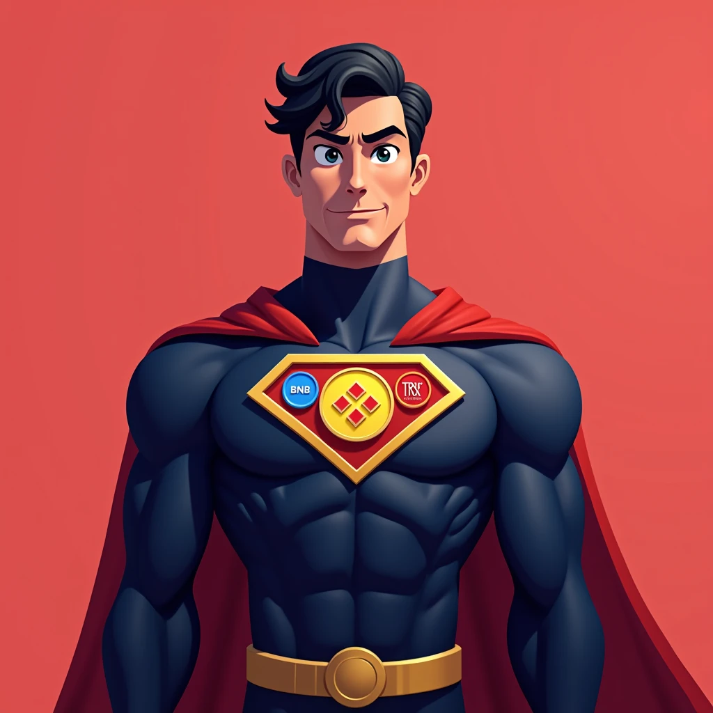 The image shows a superhero character standing confidently against a background split between blue on the left side and red on the right side, creating a strong visual contrast. The character's suit mirrors this color scheme, with the left half of the suit in blue and the right half in red.
The character has short, wavy black hair and a determined expression, with wide eyes and a slightly furrowed brow. The suit features a triangular chest emblem, which prominently displays three cryptocurrency logos:
1. **Binance (BNB) Logo**: In yellow, located at the top left of the triangle.
2. **Tron (TRX) Logo**: In red, located at the top right of the triangle.
3. **TON (The Open Network) Logo**: In blue, located at the bottom center of the triangle.
The emblem is outlined in gold, adding a bright accent to the design. The superhero's cape follows the same split color pattern, with the left side blue and the right side red. The overall design is clean and stylized, with a strong emphasis on the dual color theme and the integration of the cryptocurrency logos on the chest emblem.