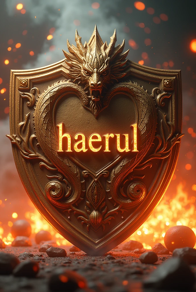 a 3D text saying "HAERUL" written in the middle of a big king of dragon ornament with a gold shield and shiny gold solid color, very fiery smoke and sparks backround, realistic, unreal engine 5, zoom in, close