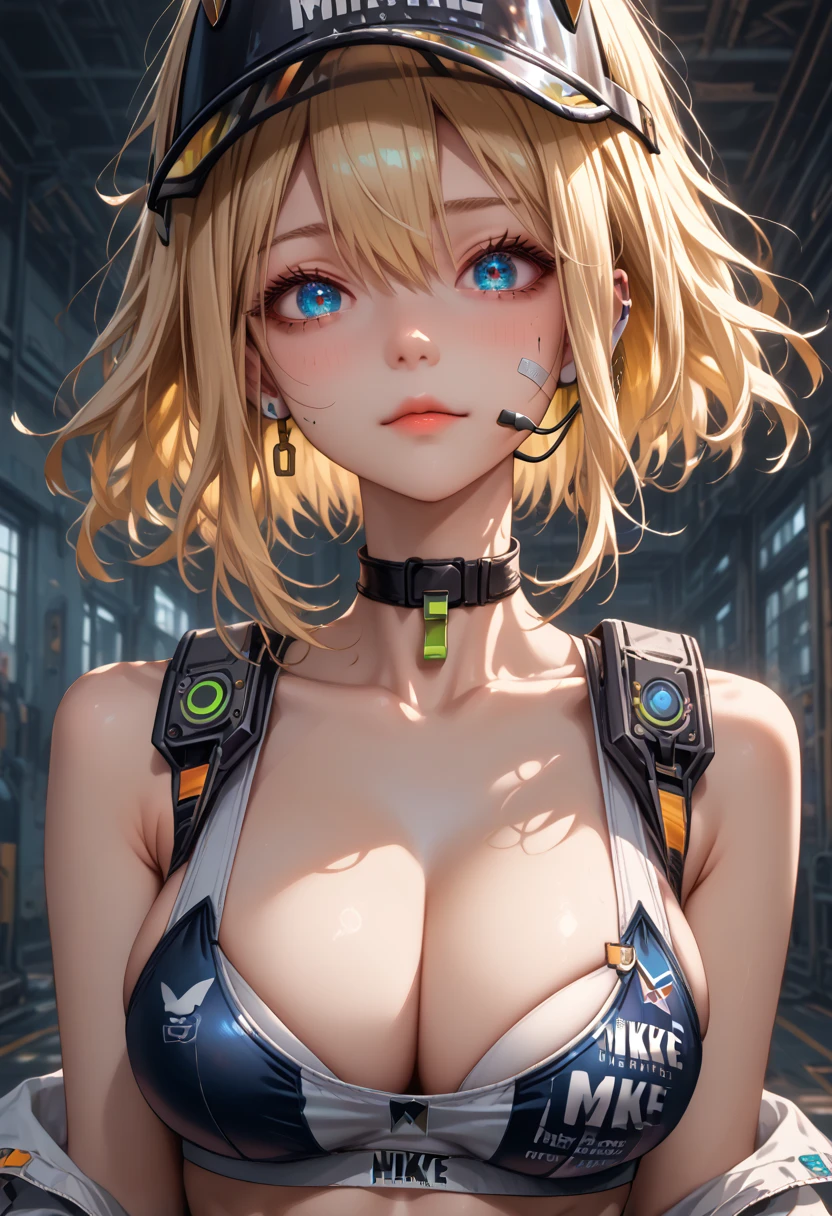 1girl, highres, character: maxwell (nikke), sidelocks, blonde hair, bare shoulders, cleavage, bandaid on cheek, looking at viewer, white sports bra, blue eyes, navel, black choker, collarbone, visor cap, short hair with long locks, hair between eyes, earpiece, large breasts,score_9, score_8_up,score_7_up, masterpiece, best quality, perfect anatomy, very aesthetic, 8k