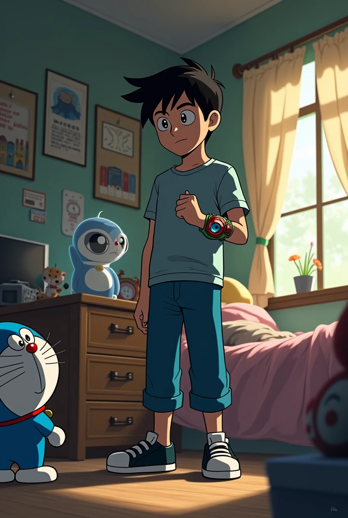 Ben tenyson with omnitrix in nobita room and doremon secretly looking at him