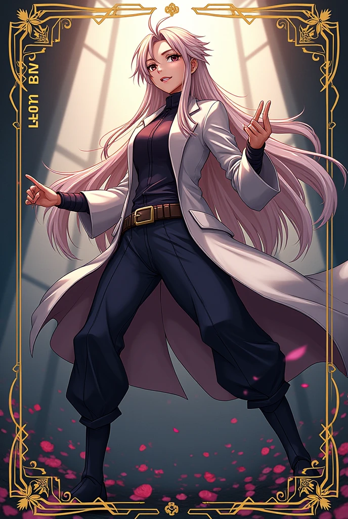 Design a high-quality anime trading card layout where 70% of the card’s height is dedicated to a prominent, detailed illustration of an anime character. The character should be in a dynamic and engaging pose. The bottom 30% of the card should be left clear for future information additions. Use a modern, sleek design for the borders and background, ensuring the layout is visually appealing and effectively balances the image with the information area.