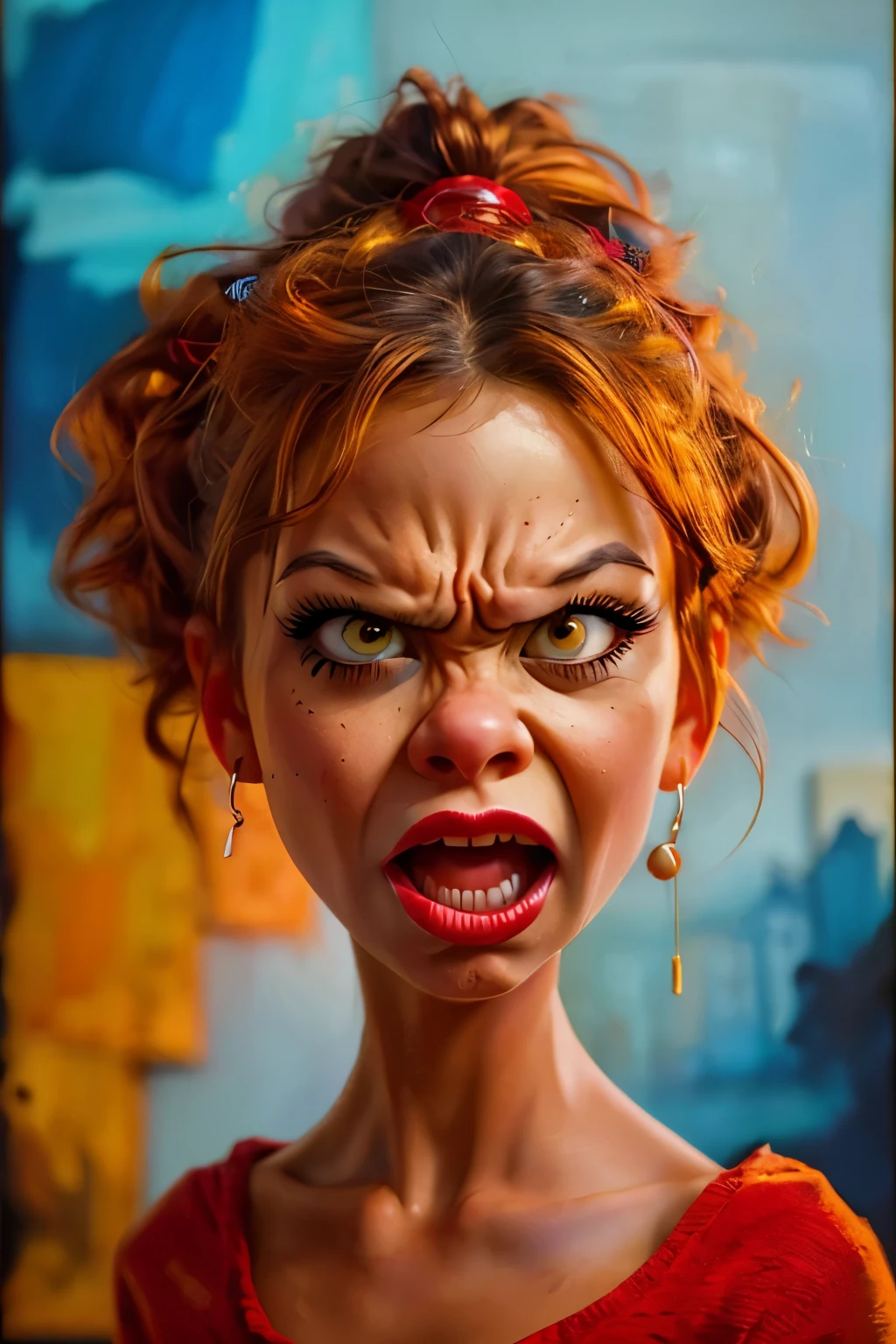 A caricature of a young girl, exaggerated angry facial expression, vivid colors, cinematic lighting, cartoon style, vibrant reds and yellows, highly detailed with exaggerated features, comic tone, dynamic pose, expressive eyes, furious expression, (masterpiece: 2), best quality, ultra highres, original, extremely detailed, perfect lighting
