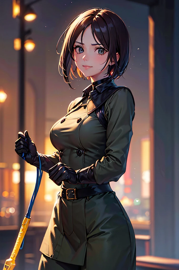 (at night), in a video game scene in the background, a beautiful city at night, raining, alone, standing looking straight ahead, military clothing with military green skirt and pants, black gloves, semi-short hair, ((semi-short hair)), 1 girl, 30 years old, young woman, perfect hands, Beautiful fingers, Beautiful long legs, Beautiful body, Beautiful nose, Beautiful character design, perfect face, looking straight at the viewer with a serious gesture, very upset looking at the viewer, she has a black whip in her hand (focusing on her face), closed mouth, smile_light, official art, extremely detailed CG unity 8k wallpaper, perfect lighting, bright and colorful front lighting, skin glossy (masterpiece: 1.0), (best_quality: 1.0), ultra high resolution, 4k, ultra detailed photography, 8K, hdr, high resolution, nonsense:1.2, Kodak portrait 400, film grain, blurred background, bokeh:1.2 , Lens flare, (vibrant_color:1.2), professional photography, (Beautiful, breasts: 1.4), (Beautiful_face: 1.5), (narrow waist),
