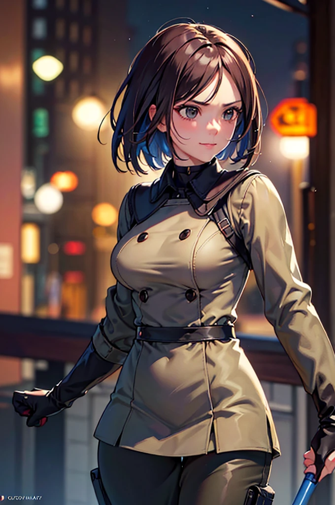 (at night), in a video game scene in the background, a beautiful city at night, raining, alone, standing looking straight ahead, military clothing with military green skirt and pants, black gloves, semi-short hair, ((semi-short hair)), 1 girl, 30 years old, young woman, perfect hands, Beautiful fingers, Beautiful long legs, Beautiful body, Beautiful nose, Beautiful character design, perfect face, looking straight at the viewer with a serious gesture, very upset looking at the viewer, she has a black whip in her hand (focusing on her face), closed mouth, smile_light, official art, extremely detailed CG unity 8k wallpaper, perfect lighting, bright and colorful front lighting, skin glossy (masterpiece: 1.0), (best_quality: 1.0), ultra high resolution, 4k, ultra detailed photography, 8K, hdr, high resolution, nonsense:1.2, Kodak portrait 400, film grain, blurred background, bokeh:1.2 , Lens flare, (vibrant_color:1.2), professional photography, (Beautiful, breasts: 1.4), (Beautiful_face: 1.5), (narrow waist),
