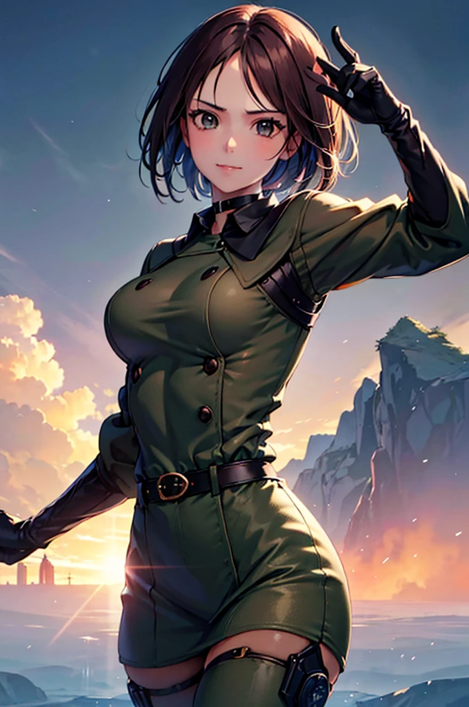 (at night), in a video game scene in the background, a beautiful city at night, raining, alone, standing looking straight ahead, military clothing with military green skirt and pants, black gloves, semi-short hair, ((semi-short hair)), 1 girl, 30 years old, young woman, perfect hands, Beautiful fingers, Beautiful long legs, Beautiful body, Beautiful nose, Beautiful character design, perfect face, looking straight at the viewer with a serious gesture, very upset looking at the viewer, she has a black whip in her hand (focusing on her face), closed mouth, smile_light, official art, extremely detailed CG unity 8k wallpaper, perfect lighting, bright and colorful front lighting, skin glossy (masterpiece: 1.0), (best_quality: 1.0), ultra high resolution, 4k, ultra detailed photography, 8K, hdr, high resolution, nonsense:1.2, Kodak portrait 400, film grain, blurred background, bokeh:1.2 , Lens flare, (vibrant_color:1.2), professional photography, (Beautiful, breasts: 1.4), (Beautiful_face: 1.5), (narrow waist),
