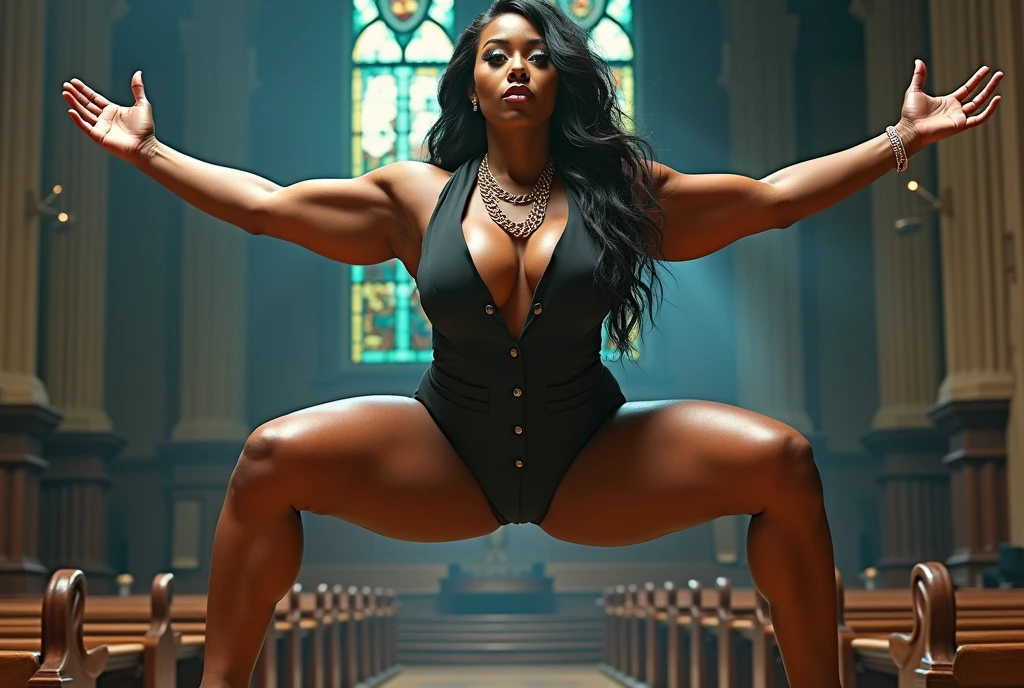 A body that looks like its clothes will burst with porn muscles,amazing beautiful super muscular body builder female porn model,A confident and poised Black porn female politician with a commanding presence and a fuller body type, full body tall and plus size curvey body 5'9 265 lbs This mage should exude power,delivering a powerful speech inside a traditional gospel church. She stands at a wooden podium, dressed in an elegant black suit with a gold chain necklace. The church is warmly lit with stained glass windows depicting religious scenes. A choir, also in traditional gospel attire, is positioned behind her, singing passionately. The church is filled with an attentive congregation, and the atmosphere is vibrant and inspiring, combining historical architecture with a spiritual ambiance.