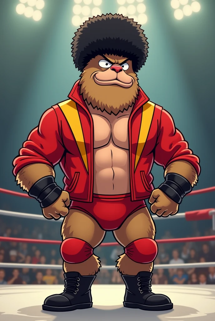 Cartoon Vicuna dressed like WWE wrestler Nikolai Volkoff.
cartoon Vicuna head. Cartoon vicuna hands. Cartoon vicuna body. Cartoon vicuna arms. Cartoon vicuna legs.
Black furry Russian ushanka hat. Red track jacket ordained with yellow accents. Red underwear. Red kneepads. Black wrestling boots.
Standing in a wrestling ring.
