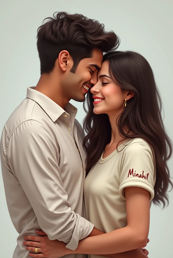 Make a 1 man or 1 girl together and man head on girl shoulder write the name on the man shirt (junaid),write a name on girl shirt (minahil)