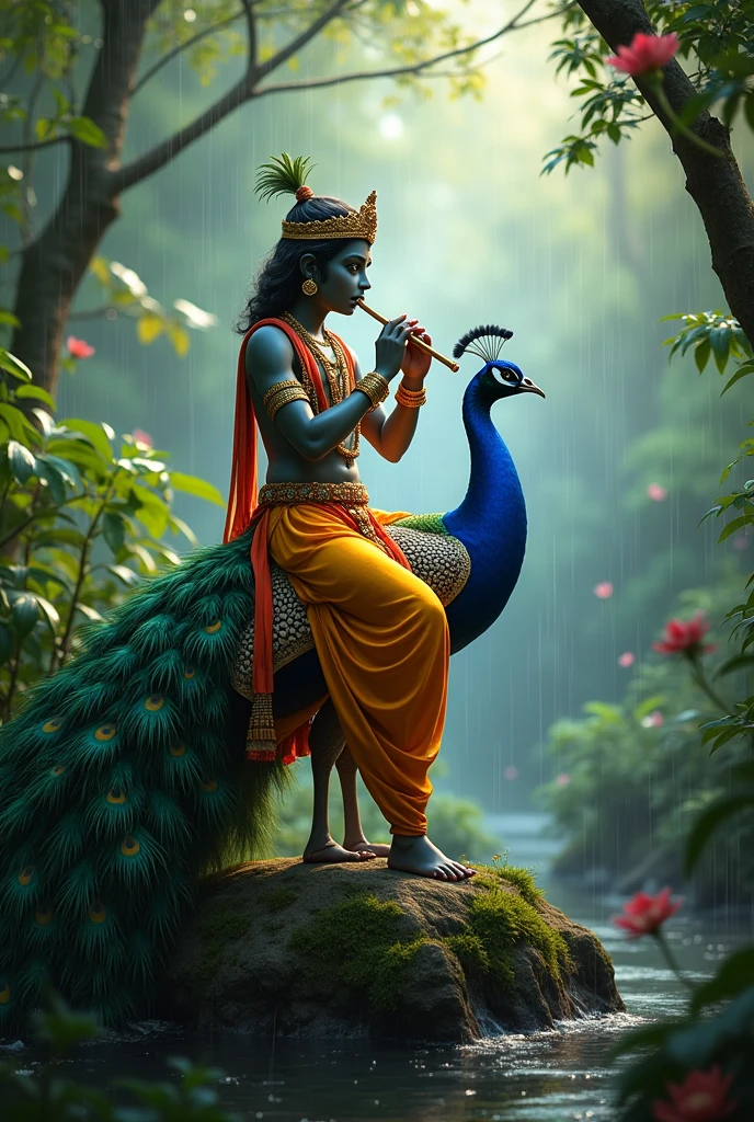 God Krishna seting on the peacock and started raining in jungle
