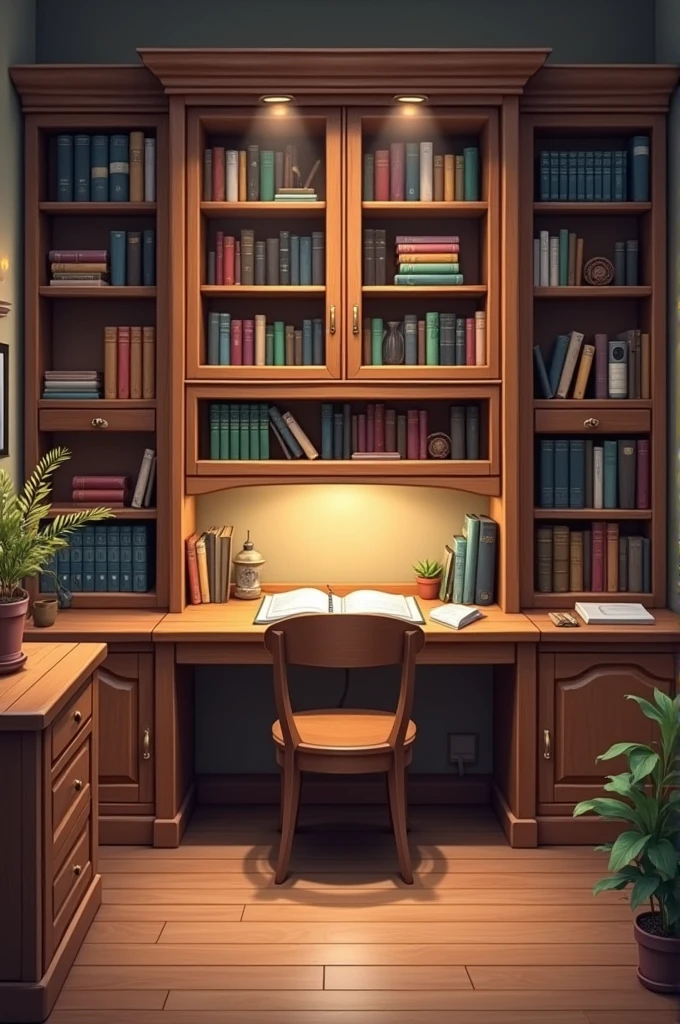 A study room without bed and has three cupboards with a book stand