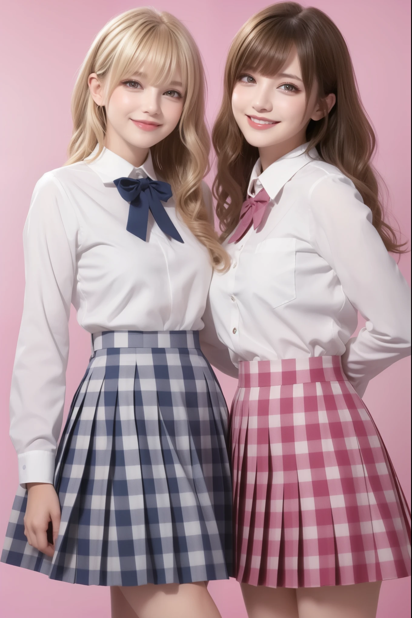 ((from front)),high resolution,smile,happy,light smile,2 women,adult,
自撮りで2 women,
((two girl females)), ((jaw piece)), Clear,cute,
blunt bangs,ash blonde hair, wavy hair, long hair ,BREAK,
Light brown eyes,BREAK, 
high school girl,uniform,
White shirt,Pink checkered pleated skirt,BREAK,
((Pink background)),