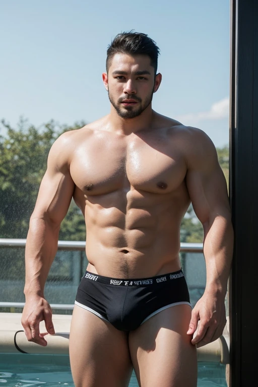 ((best quality)), ((masterpiece)), (detailed), perfect big detailed hairy plump muscle man in bath , beard, dark skin color, skinhead, Japanese men, In short boxers Black man in a water park 