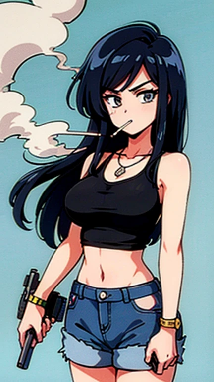 Highest quality,high resolution,2d,(Cel animation style),One woman,30 year old Asian female,(Straight long black hair),((Black tank top)),((Denim shorts)),((1 with a pistol in each hand.3)),(Skull Necklace),Black sneakers,(Beautiful face with slits 1.3),Black wristband on left wrist,Beautiful Style,Glamorous Body,(Large Breasts),(((Holding a cigarette)))