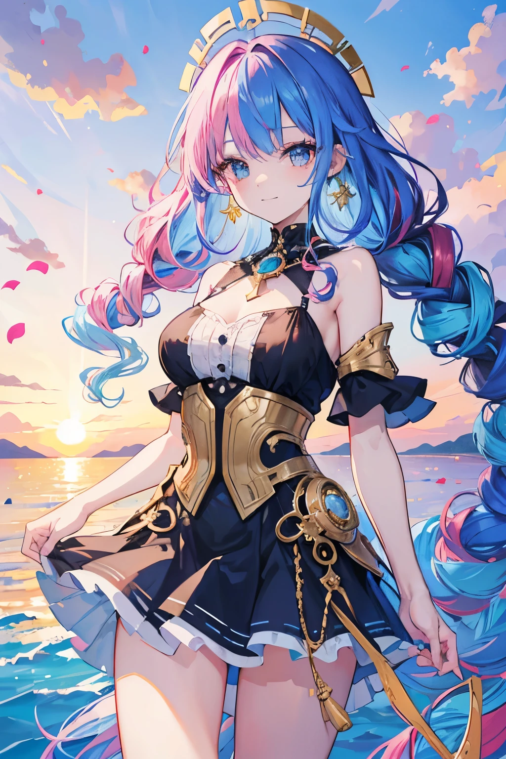 1 girl, (iridescent hair, colorful hair, half blue and half pink hair: 1.2), , blue_sky, holding a magic wand, summer (season), petals_on_liquid, black cloak with hood, red and black torn dress, skirt: 1.2, (gold long curly hair: 1.5), sky, outdoor, clouds, bangs, smile, sky blue eyes, bare shoulders, perfect hands, Hand details, repaired fingers. Earrings, sea + background, looking_at_viewer, cowboy shot, top quality, rich detail, perfect image quality, sunrise