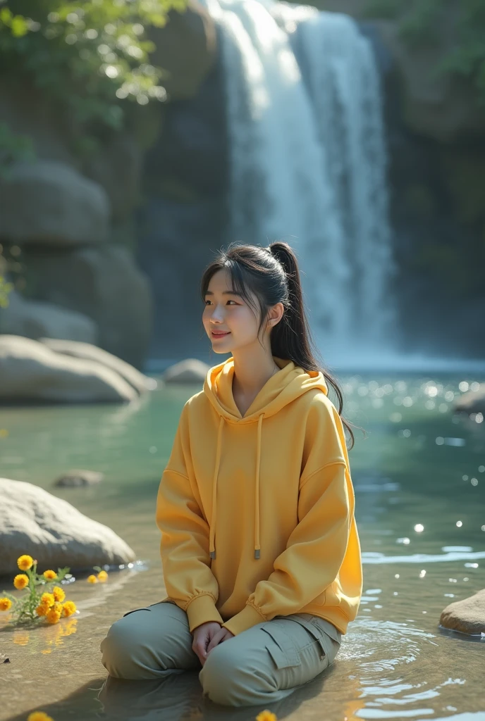 Beautiful Korean girl, white skin, well-groomed face, black hair in a ponytail, thin smile, yellow hoodie, knee-length cargo pants, sitting pose soaking in very clear river water, small stones, small yellow flowers, very beautiful waterfall background, original photo ,realistic 3d